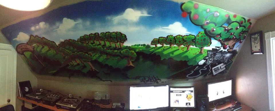The completed Appleton Radio Orchard mural by Portland graffiti artist Mike Rich above the studio equipment