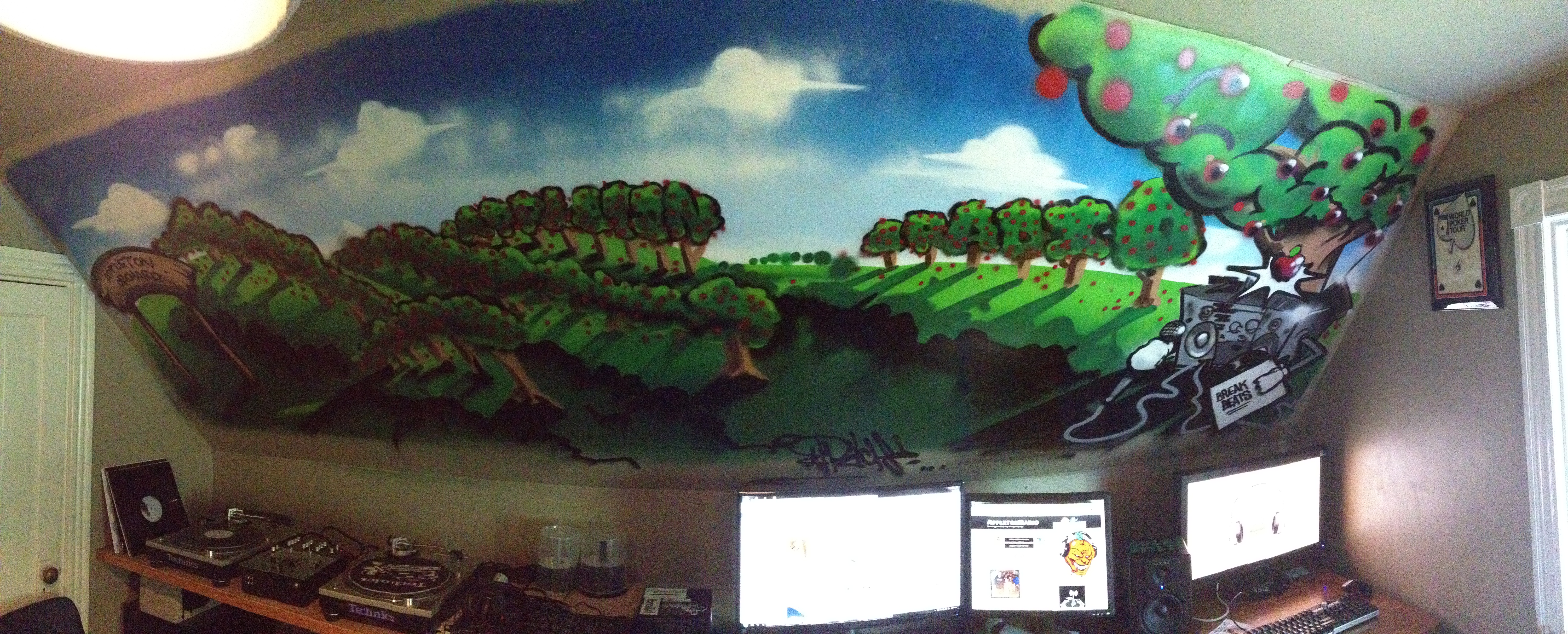 The completed Appleton Radio Orchard mural by Portland graffiti artist Mike Rich above the studio equipment