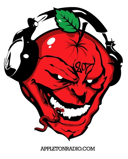 Original Appleton Radio red apple wearing headphones artwork